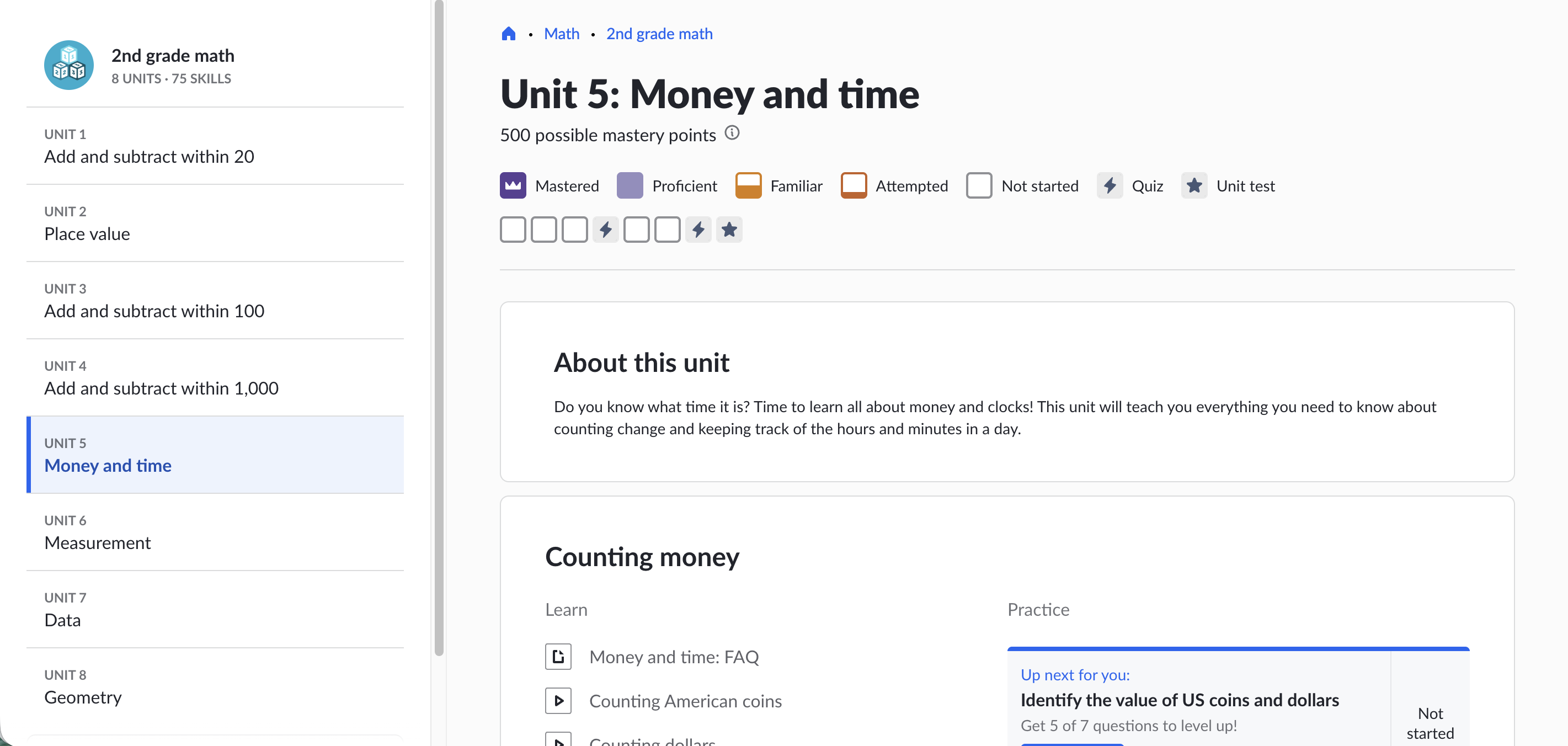 Khan Academy's current interface for Grade 2.