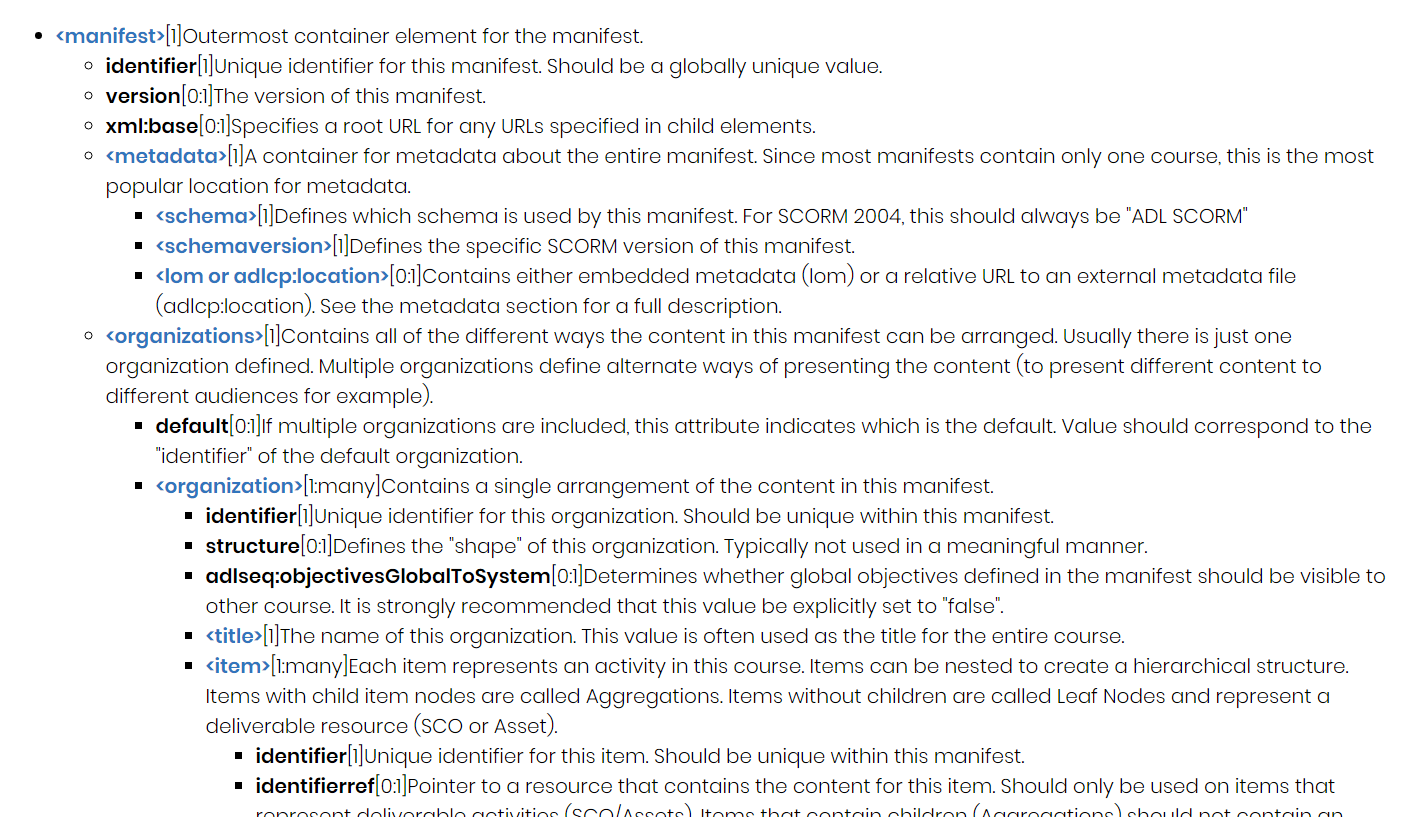 SCORM manifest file template showing the item element where KC tags could be integrated