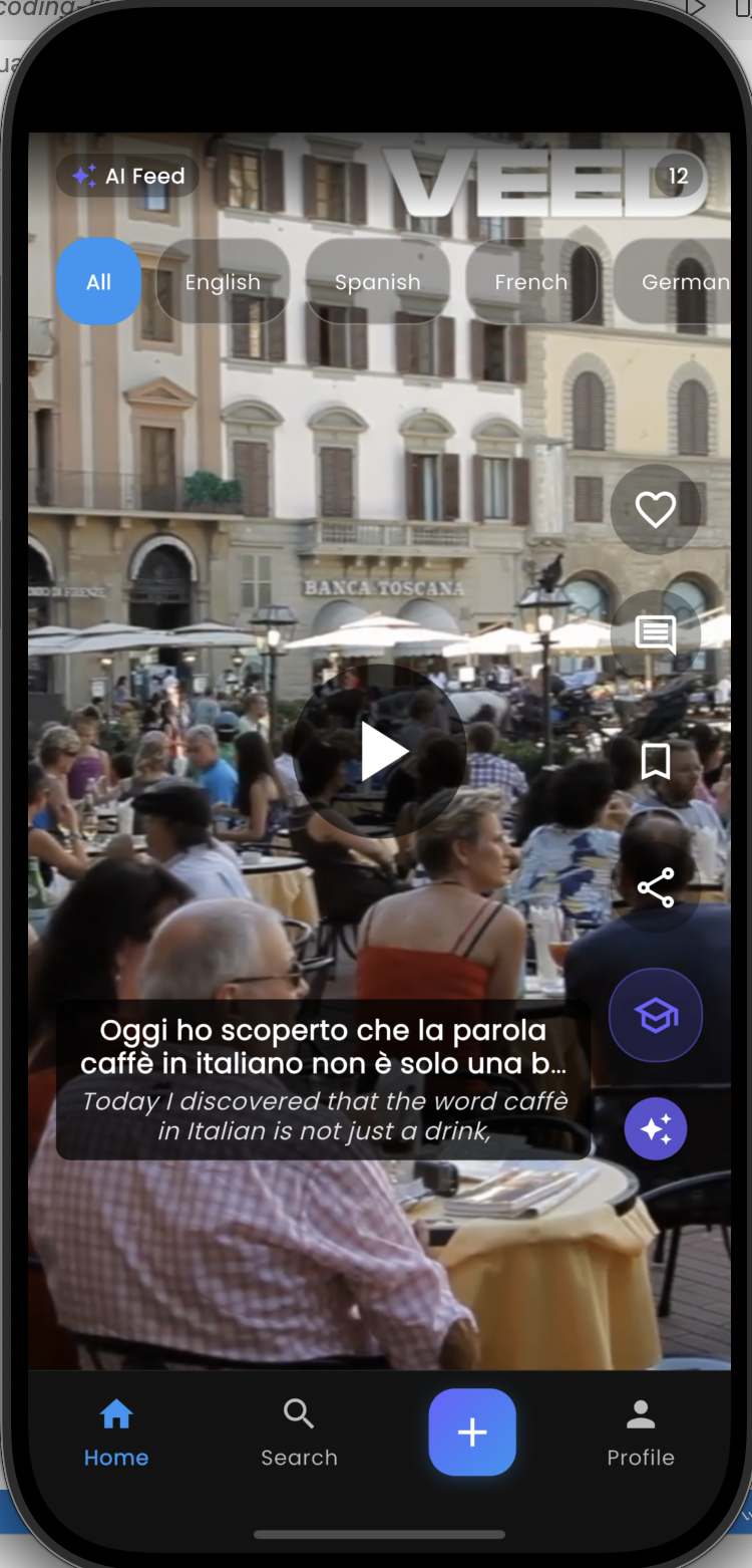 App homepage showing vertical video feed with learning interface