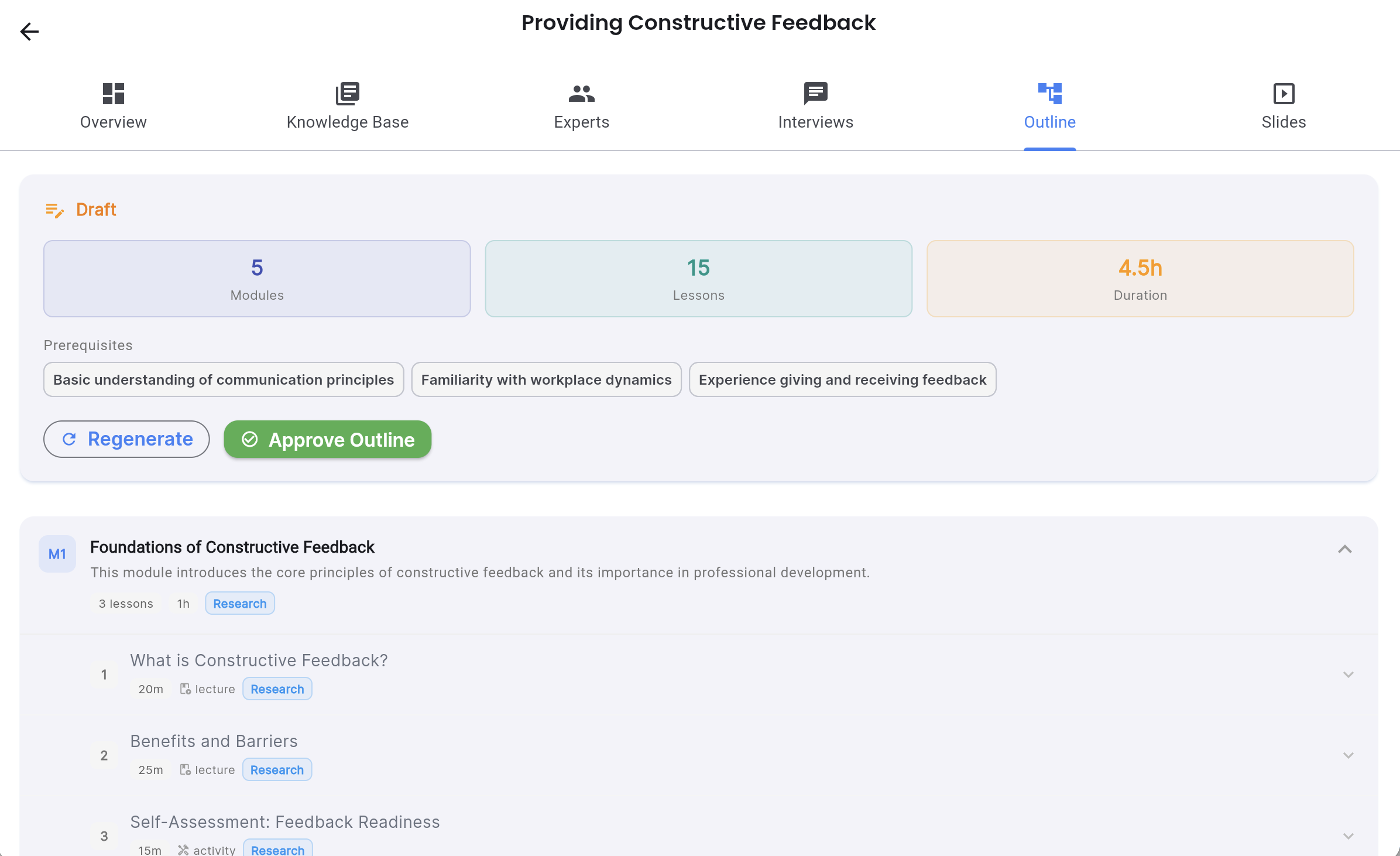 Course outline editor with Bloom's taxonomy indicators