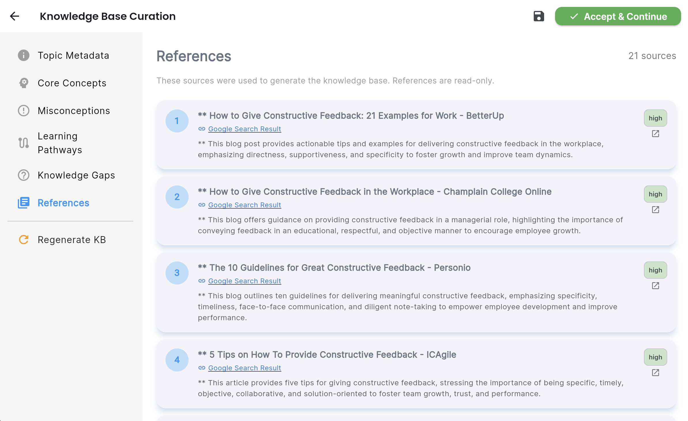 Diagnostic agent output showing knowledge base with concept graph, classification, references, etc.