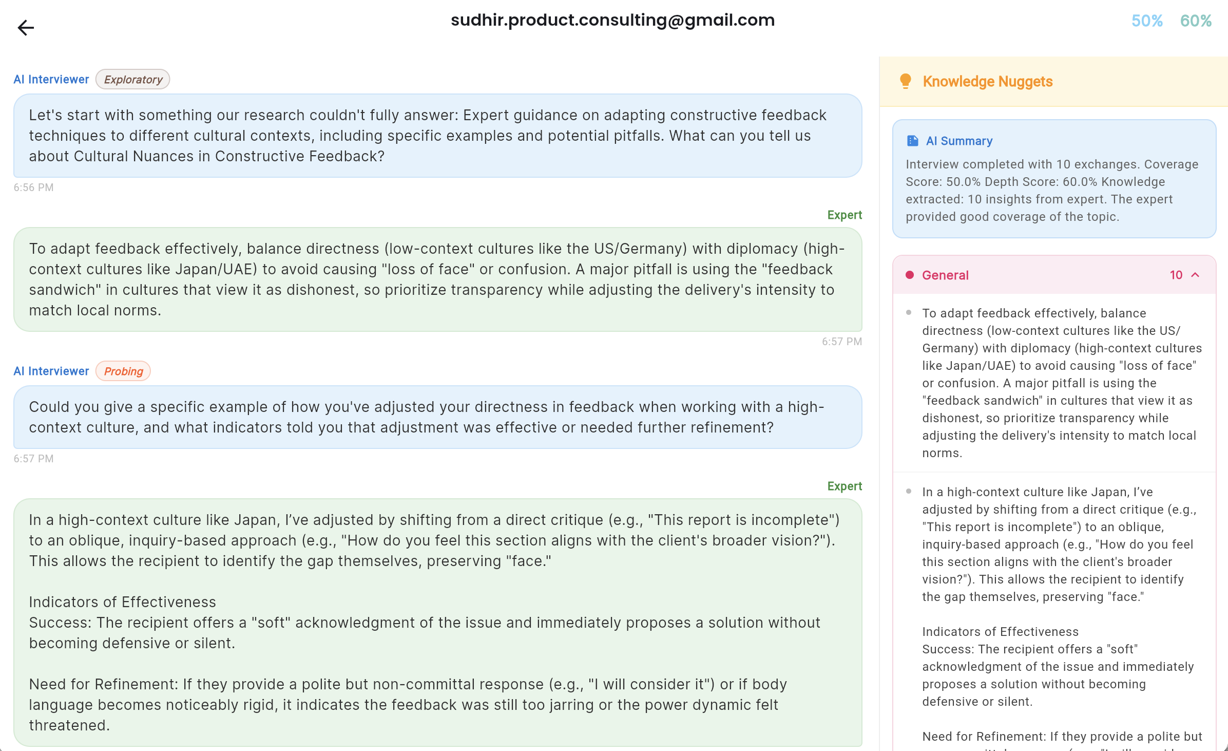 Knowledge nuggets panel showing extracted insights by type