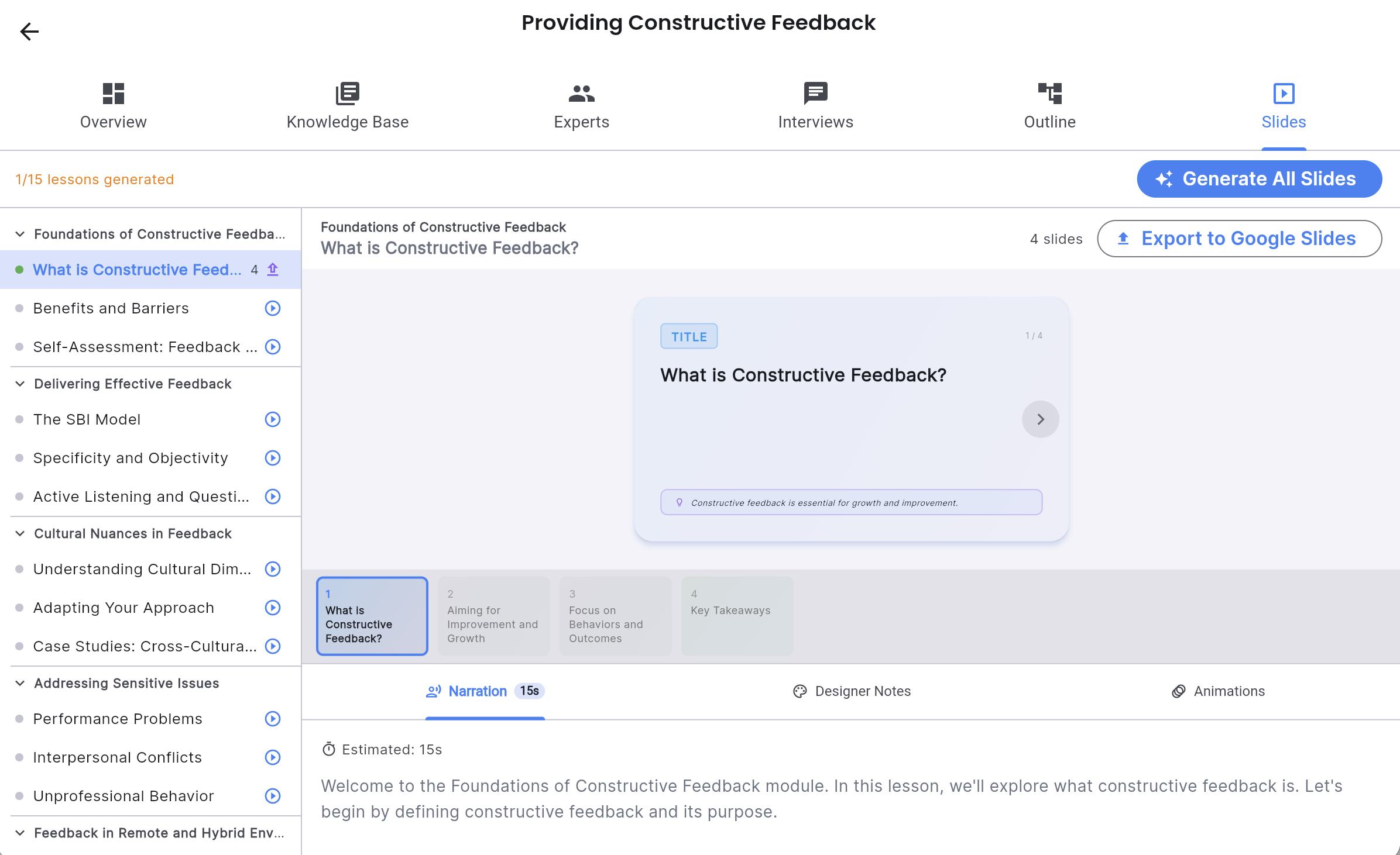 Slide deck viewer showing generated slides with narration