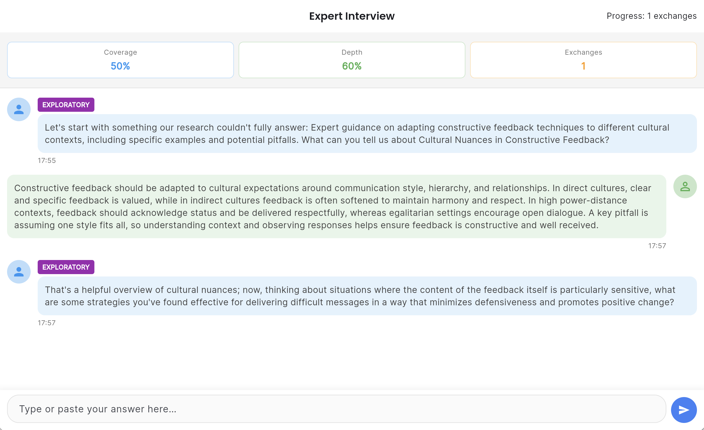 Live interview interface showing adaptive questioning in progress